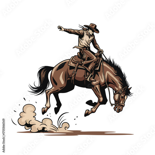 Dynamic illustration of a Western cowboy riding a powerful bucking bronco horse.