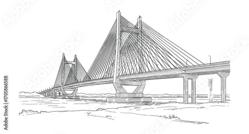 Detailed Cable-Stayed Bridge Structure, Artistic Line Art Design, Engineering Marvel, Vector Illustration