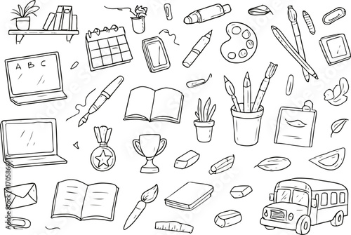 Hand-drawn doodle set of various school and education supplies. A collection of sketch icons for learning, study, and creative projects