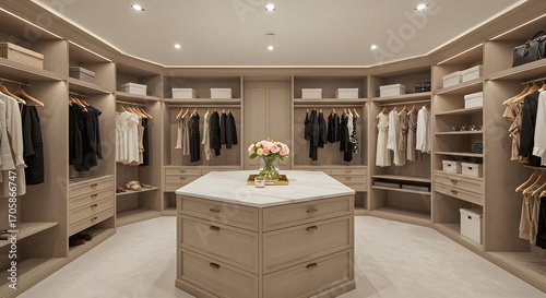 Elegant and spacious walk-in closet interior with custom built-in shelving, drawers, and a central island for organized clothing storage in a luxury home