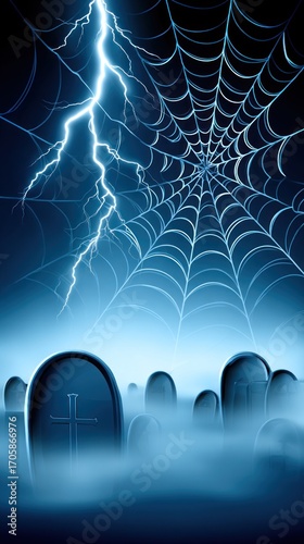 Fog rolls through a deserted graveyard, highlighting gravestones as a spider web glistens in the haunting twilight