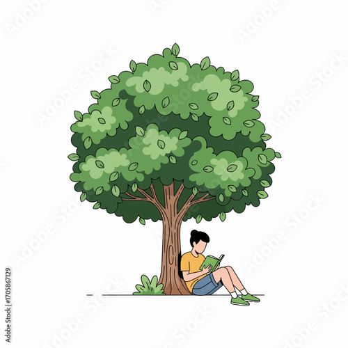 A cartoon illustration of a young person sitting peacefully under a large, leafy tree while reading a book.