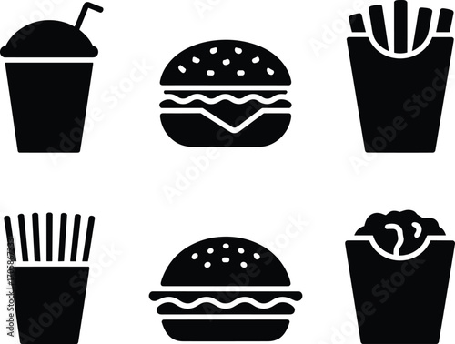 Fast food icons, burger silhouette, fries container, soda drink, fried chicken, snack symbols, takeaway meal, junk food, restaurant menu, street food