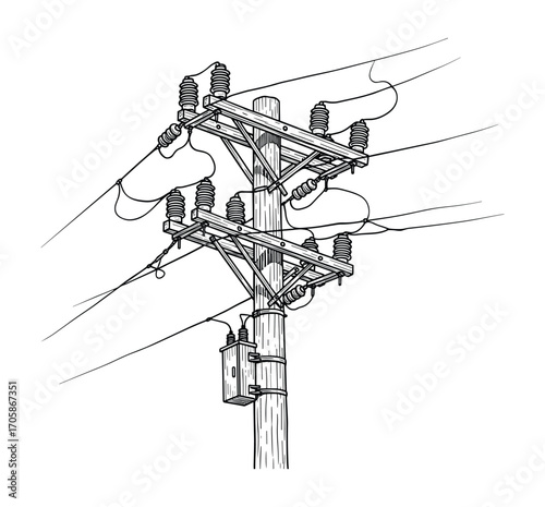 Detailed Black and White Line Art Illustration of a Utility Pole Vector Illustration