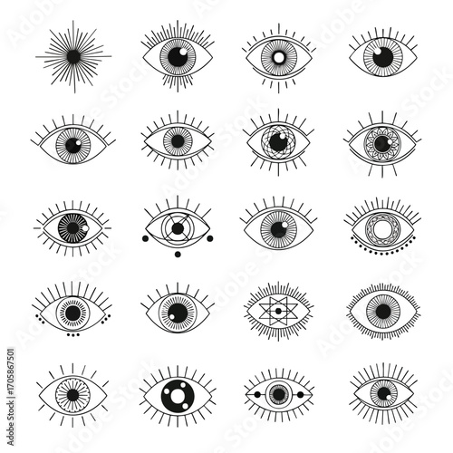 Handdrawn esoteric eye symbols set with mystical and occult designs.