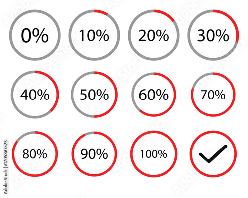 Set of Circle loading or circle progress collection. Set of circle percentage diagrams for infographics 0 10 20 30 40 50 60 70 80 90 100 percent in black.