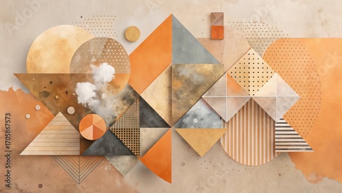 Abstract Geometric Composition of Earthy Tones and Textured Shapes Featuring a Blend of Triangles, Circles, and Squares in a Harmonious Arrangement