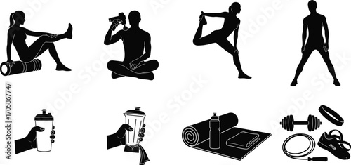 Fitness silhouette icons, yoga poses, stretching exercises, hydration, gym equipment, workout preparation, healthy lifestyle, sports training, wellness, active living, vector set