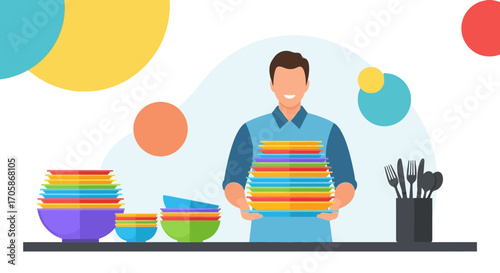 Cheerful Homemaker Holding Plates: Dishwashing Illustration with Colorful Tableware