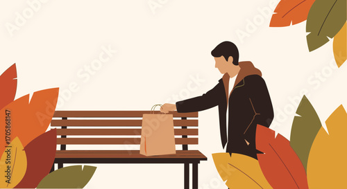 Autumnal Scene: A Man Placing a Bag on a Park Bench with Foliage Accents