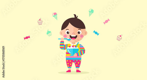 Cheerful Toddler Enjoying Yummy Dessert With Delightful Colorful Sweets Animation