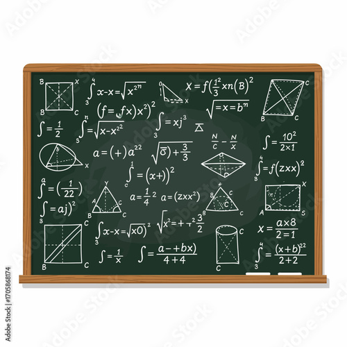 A chalkboard filled with various mathematical formulas and geometric shapes.