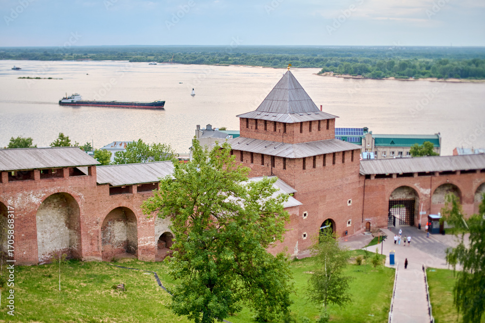 Fototapeta premium Nizhny Novgorod kremlin overlooks scenic volga river view