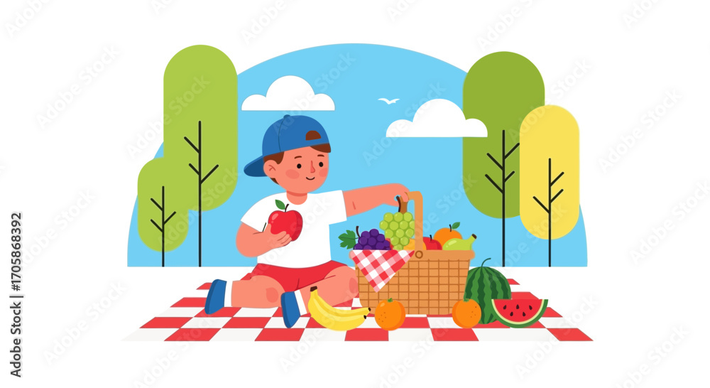 Fototapeta premium Child Enjoying Picnic Outdoors With Fresh Fruits And Basket In A Sunny Day