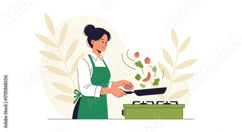 Cheerful Woman Expertly Cooking Fresh Vegetables And Creating A Delicious Dish