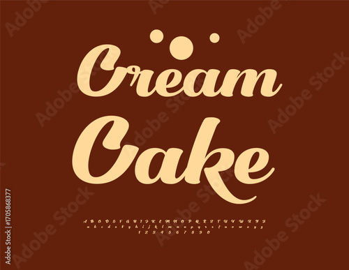 Vector Beautiful sticker Cream Cake. Modern Cursive Font. Elegant Calligraphy Alphabet Letters and Numbers set.
