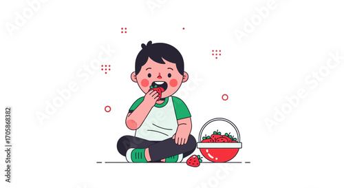 Child Enjoying Fresh Strawberries, Illustration of Healthy Eating Habits in Summer
