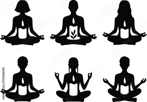 Meditation icons, yoga silhouettes, mindfulness poses, lotus position, spiritual practice, wellness symbols, inner peace, zen lifestyle, chakra energy, relaxation concept