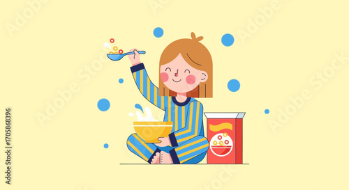 Child Enjoys Breakfast:  Illustration Of A Happy Girl Preparing Her Morning Cereal