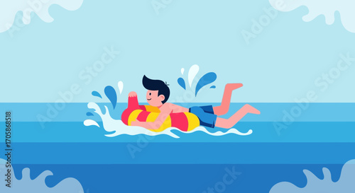 Child Floating On The Water With A Rubber Ring, Aquatic Fun, Summer Enjoyment