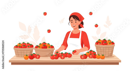 Cheerful Woman Organizes Fresh Tomatoes In Baskets On A Natural Wooden Table
