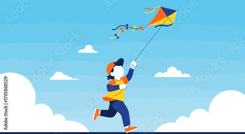 Child Flying A Colorful Kite On A Sunny Day: Joyful Flight And Playtime