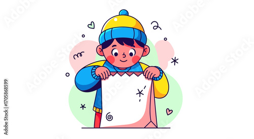 Child Holding White Blank Paper Design for Communication and Announcements Display