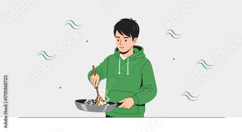 Cheerful Young Person Cooking Meal In Modern Kitchen With Simple Illustration