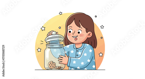 Child Opens Cookie Jar, Dreamy Illustration Depicting Sweet Treat and Stars