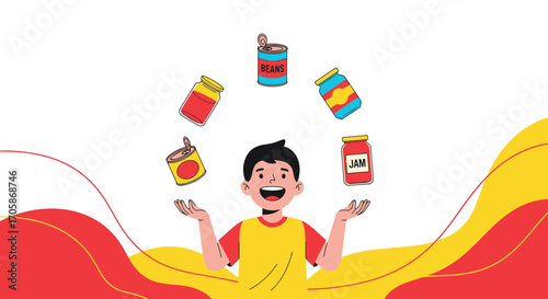 Cheerful Young Person Juggling Jarred Food And Conserves in Playful Illustrated Style