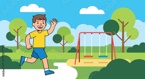 Cheerful Youngster Playing Outdoors with Swingset amidst Verdant Lush Greenery