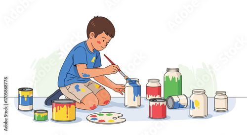 Child Painting, Creative Expression, Painting Activity, Artistic Endeavor, Colorful Art Scene