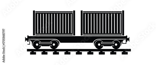 Flatcar with Shipping Containers, Black and White Silhouette, Vector Illustration