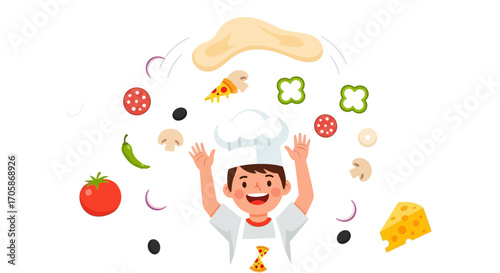 Cheery Chef Preparing Pizza Ingredients, Illustrating Culinary Joy and Delightful Flavors