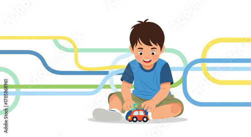 Child Playing With Toy Car Amidst Abstraction: Playtime, Happiness, and Childhood Concept