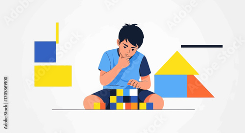 Child Pondering Geometric Shapes While Engaging In Contemplative Problem-Solving Activity