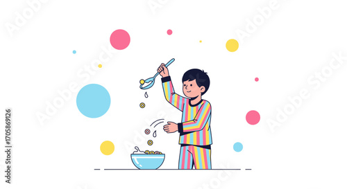 Child Preparing Cereal: A Colorful Illustration of Breakfast Time in a Vector Style