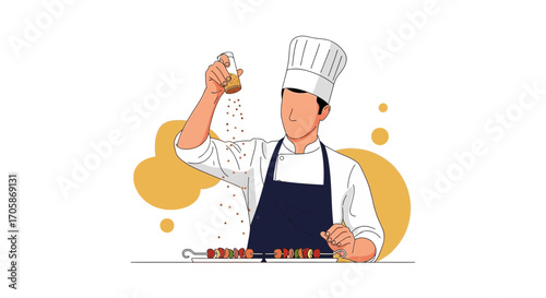 Chef Adding Spices To A Skewer And Preparing Delicious Food In The Kitchen
