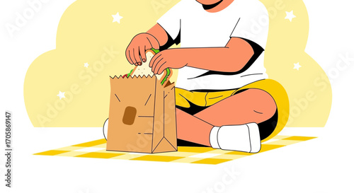 Child Prepares To Eat Sandwich From Brown Paper Bag On Picnic, Cartoon Illustration