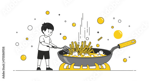Child Preparing Fried Potatoes With Cooking Utensil in a Pan Over Stove, Illustration