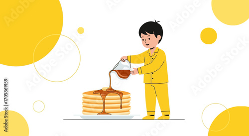 Child Preparing Delicious Pancakes with Syrup, Creative Illustrated Breakfast Concept