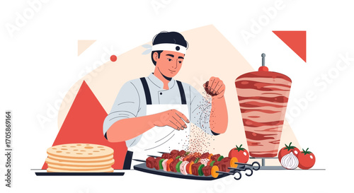 Chef Adds Seasoning to Skewers and Prepares Mediterranean Cuisine for Feast