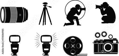 Photography silhouette icons, camera lens, tripod, photographer, flash, film reel, vintage camera, media production, videography, creative arts, photo equipment, vector set