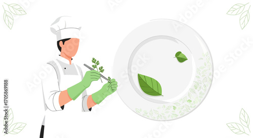 Chef Arranging Fresh Ingredients on a Plate as Culinary Art with Artistic Food Preparation