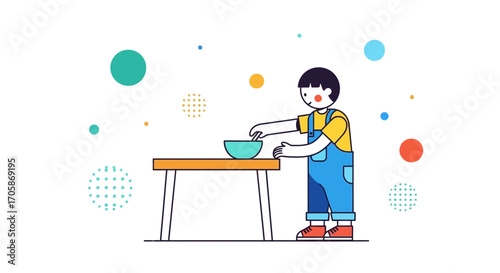Child Reaching For The Bowl On The Table, Abstract Illustration With Colorful Elements