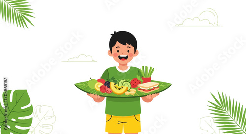 Child Presenting Fresh Fruits and Vegetables on a Tropical Leaf Platter for a Healthy Diet
