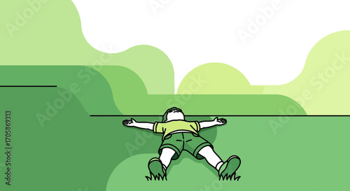 Child Relaxing On Green Meadow Observing Nature with Joy And Positive Feelings
