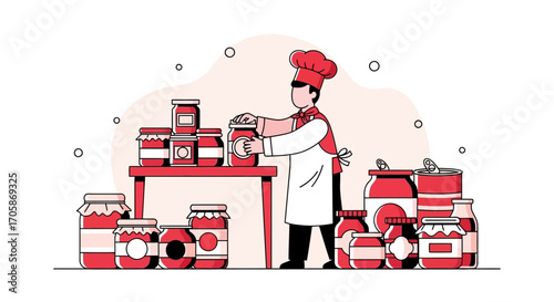 Chef Carefully Arranging Jars Of Preserved Foods, Symbolizing Culinary Expertise and Food Storage