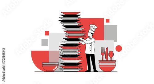 Chef Balancing Plates Illustration Demonstrates Culinary Skills and Restaurant Operations