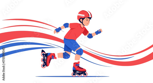 Child Rollerblading With Protective Gear And Colored Motion Trail On White Background